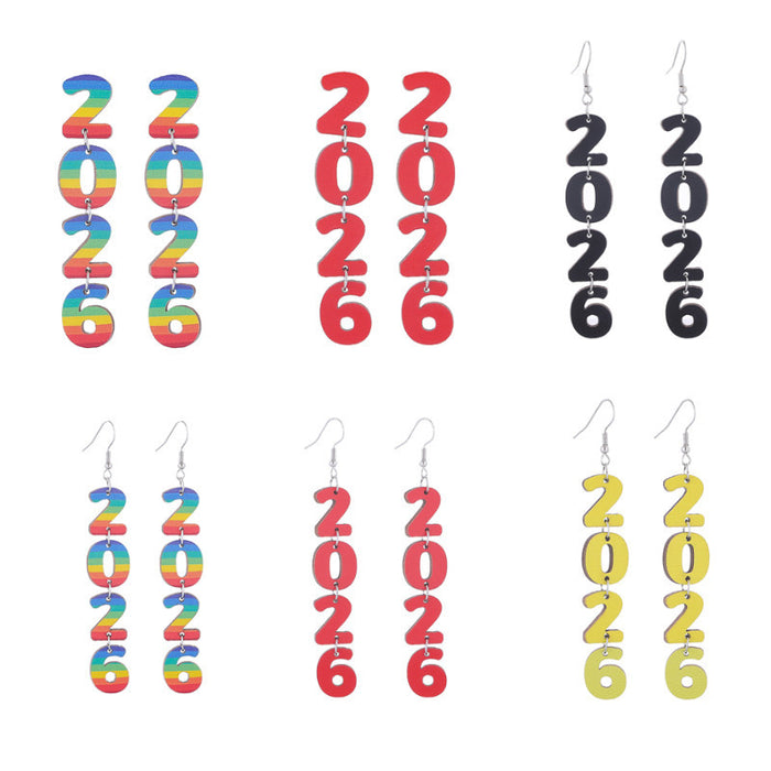 Wholesale New Year Celebration Wooden Earrings Happy New Year Letter Splicing Earrings