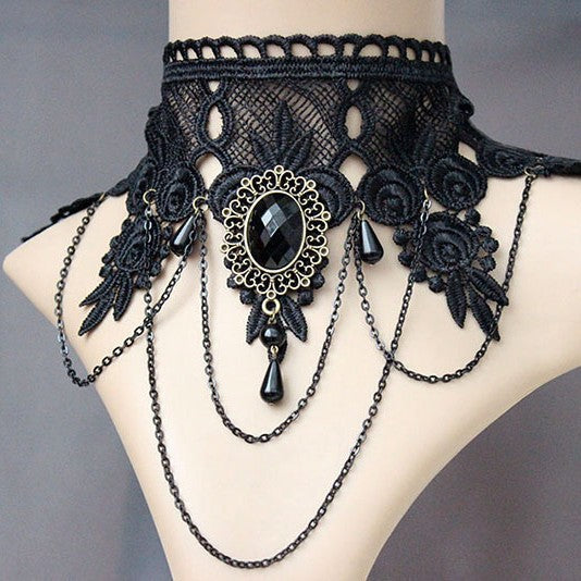 Wholesale Party Queen Gemstone Wide Neck Ornament Black Lace Necklace Halloween