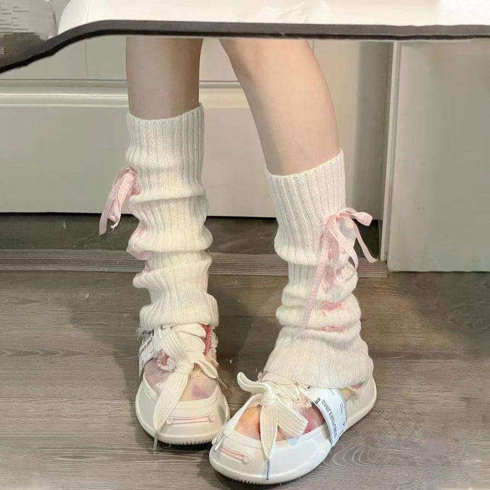 Wholesale Cross tie sock covers, mid tube knitted butterfly leg covers, white stacked socks