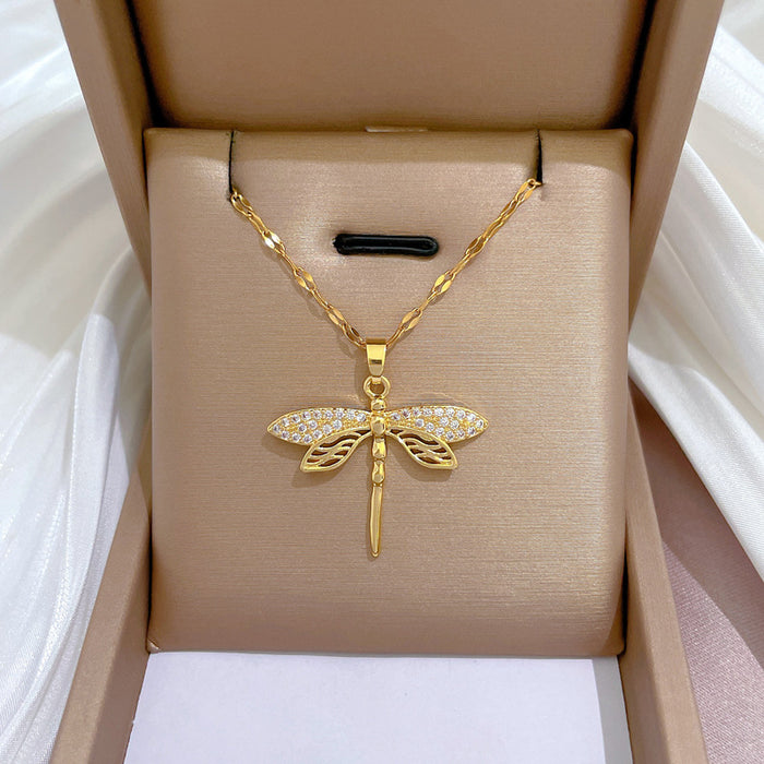 Wholesale Titanium Steel Hollow Dragonfly Inlaid Real Gold Necklace JDC-NE-LG048