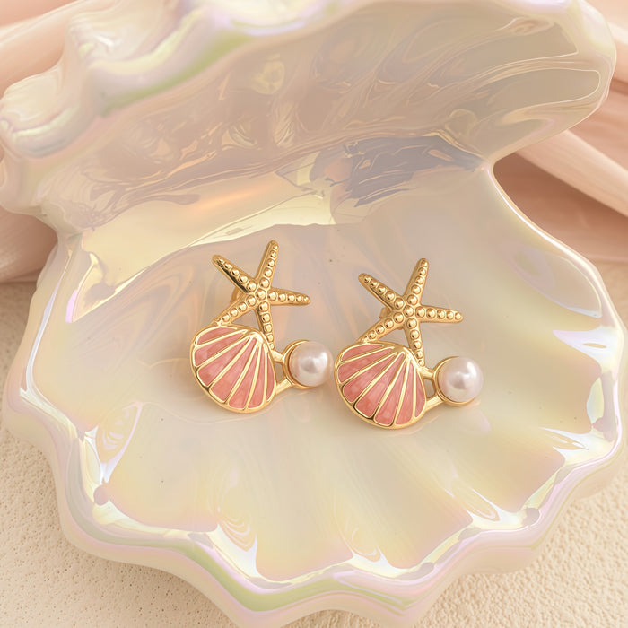 Wholesale Stainless Steel Starfish Shell Pearl Earrings Marine  style Earrings