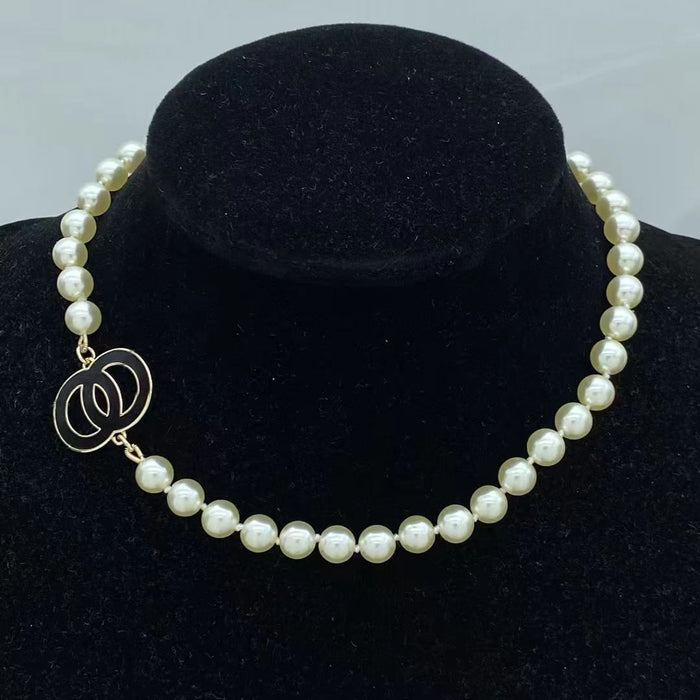 Wholesale Double C letter enamel camellia pearl long necklace