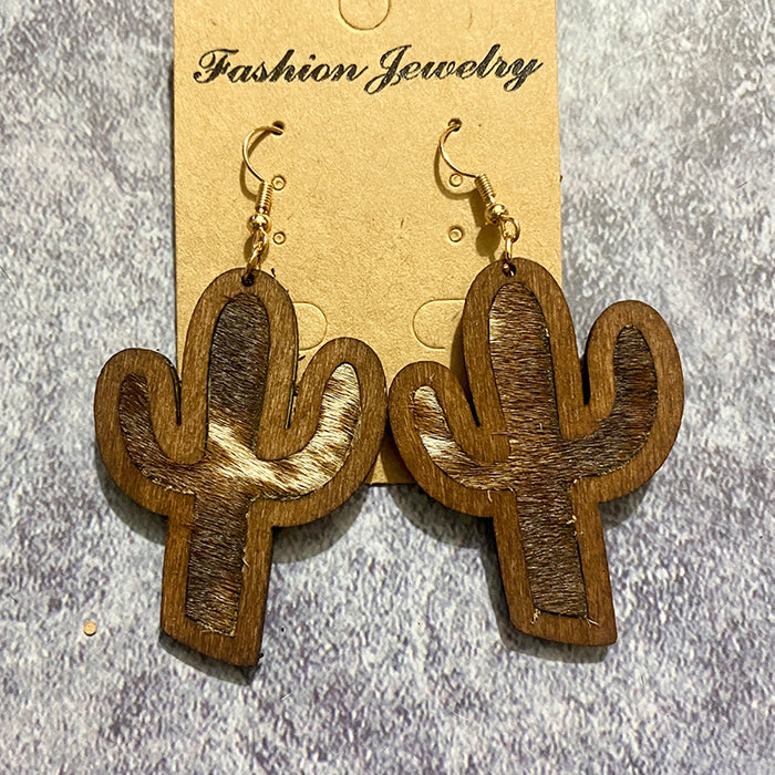Wholesale Western genuine leather earrings vintage horsehair inlaid cactus wood earrings jewelry