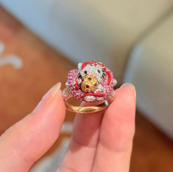 Wholesale Super shiny full diamond pink kitten ring niche design sweet colorful ring
