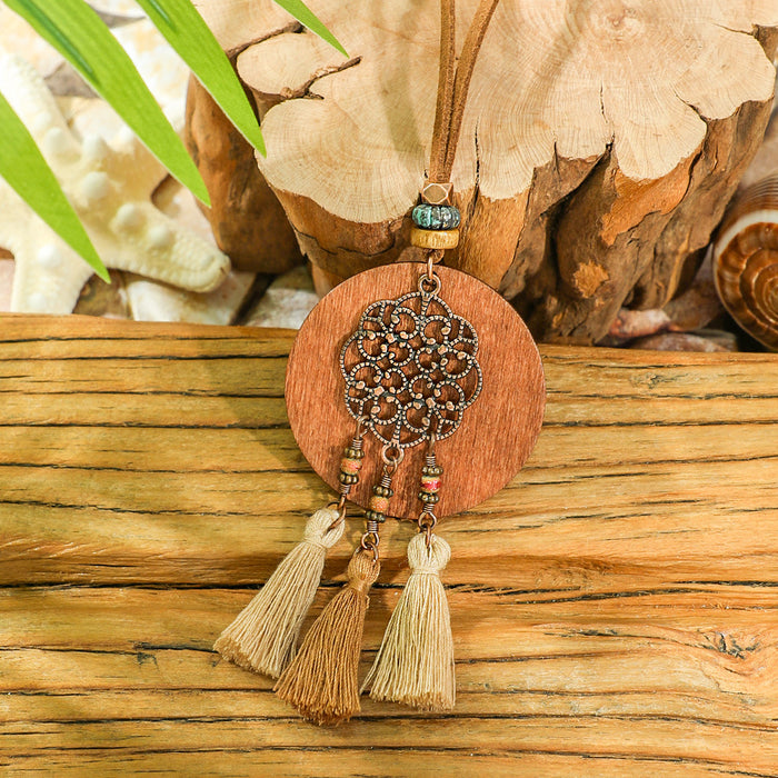 Wholesale Bohemian Dreamcatcher Tassel Earrings and Wooden Pendant Necklace Set