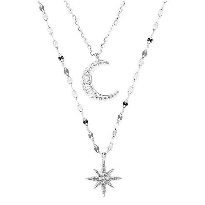 Wholesale Silver Flash Diamond Star Moon Double-Layer Necklace