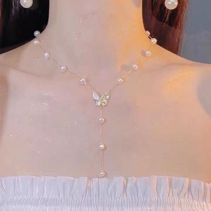 Wholesale Butterfly tassel pearl necklace, light luxury, high-end feeling, collarbone chain, new necklace