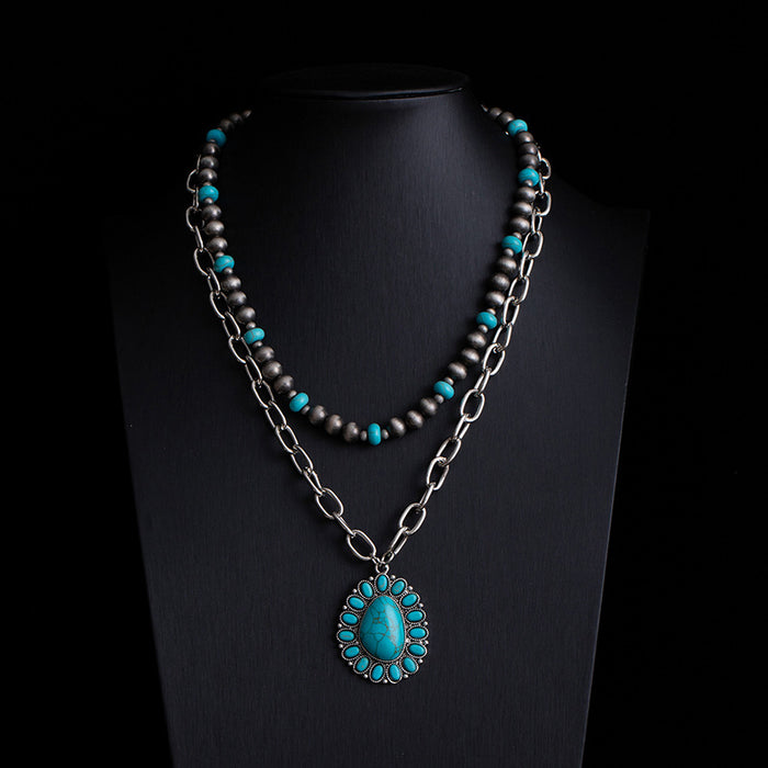 Wholesale Retro ethnic style turquoise necklace,  Western denim style,  multi-layer layered sweater chain