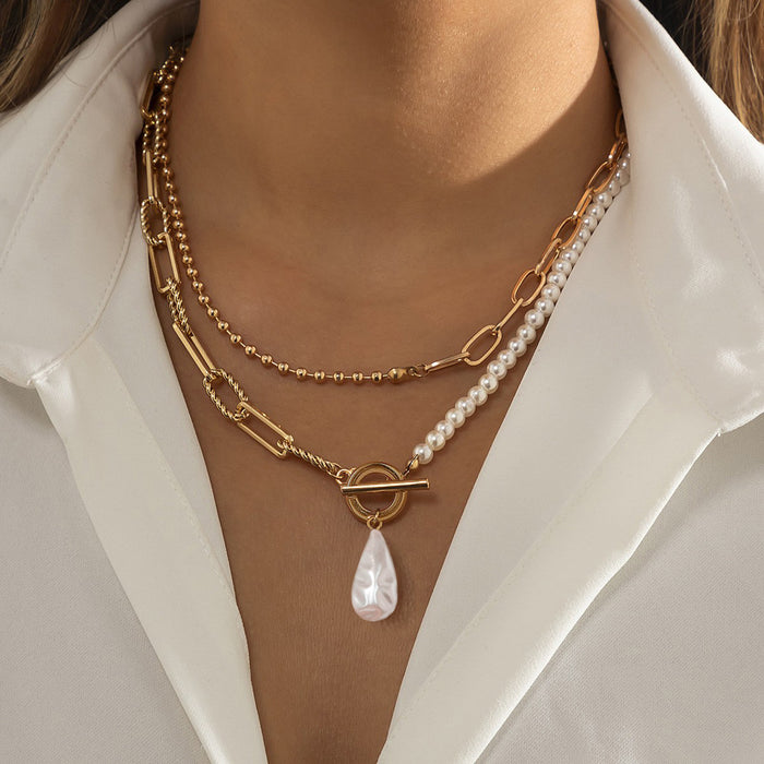 Wholesale Long beaded chain necklace with stacked pearl OT buckle waist chain