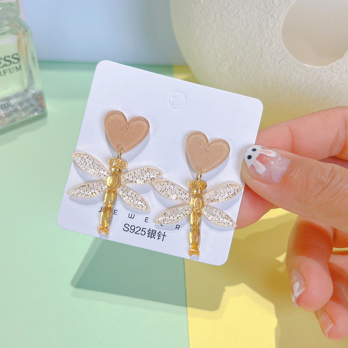 Wholesale Dragonfly Heart Acrylic   Silver Needle Earrings JDC-ES-PinHeng003