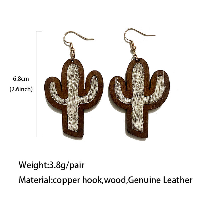 Wholesale Western genuine leather earrings vintage horsehair inlaid cactus wood earrings jewelry