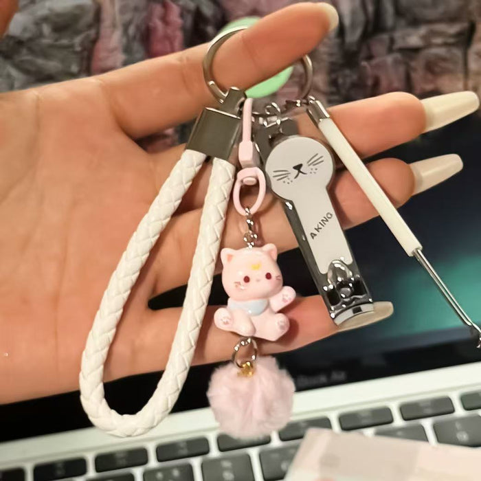 Wholesale Trendy Cute Cartoon Keychain Set Stainless Steel Ear Pick Nail Clipper Best Friend Couple Gift Bag Charm Accessory