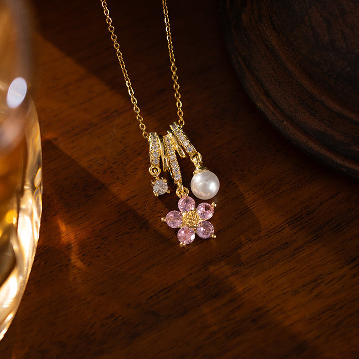 Wholesale Women's Stainless steel Necklace Five Petal Flower Circle Pendant