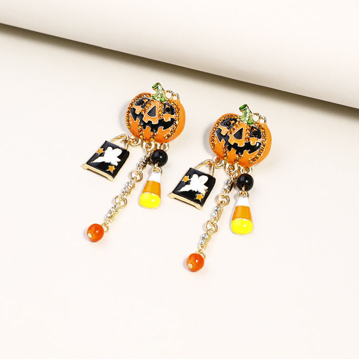 Wholesale Halloween New Drip Oil and Diamond Pumpkin Head Zinc Alloy Earrings JDC-ES-JiCai001