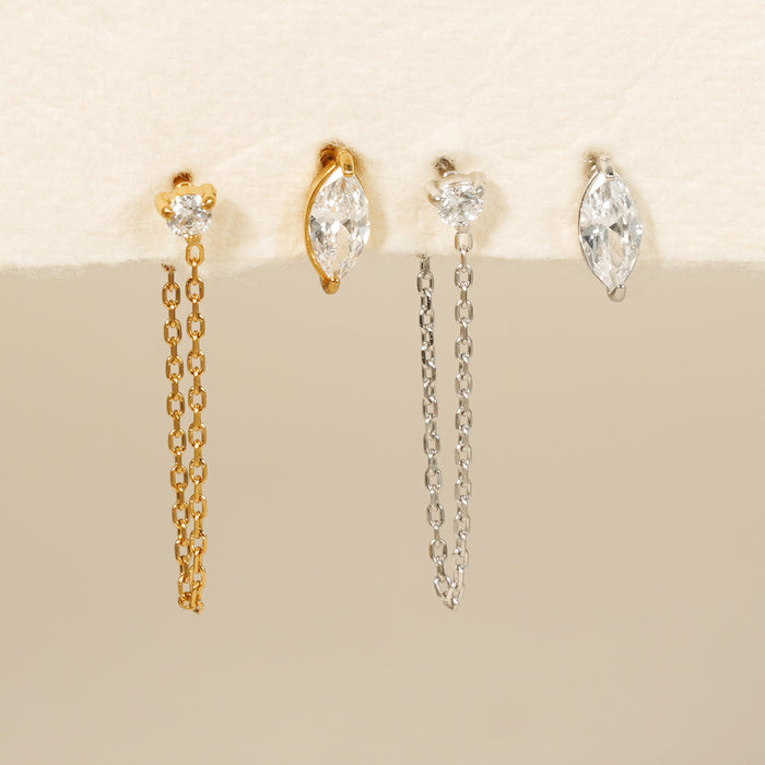 Wholesale Stainless Steel Gold PVD Geometric Chain Tassel Earrings Rhinestone Marquise Design Fashion Accessory For Boutique Resale