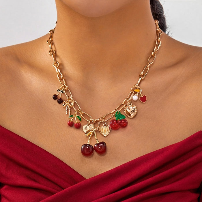 Wholesale Cute Cherry Bow Heart Pendant Alloy Necklace