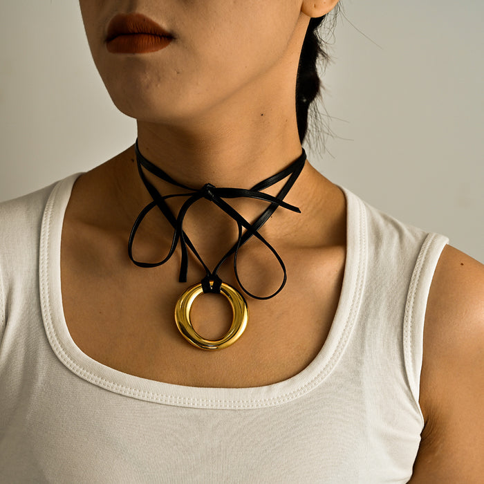 Wholesale New personalized minimalist stainless steel solid circle earrings with adjustable leather rope