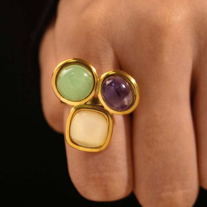 Wholesale Stainless Steel Natural Stone Geometric Open Ring Women Jewelry