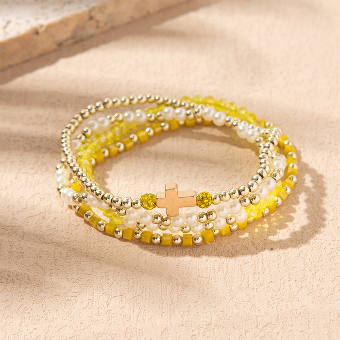 Wholesale Colorful Crystal Elastic Bracelets Ins Style Niche Stacked Cross Bracelet Set