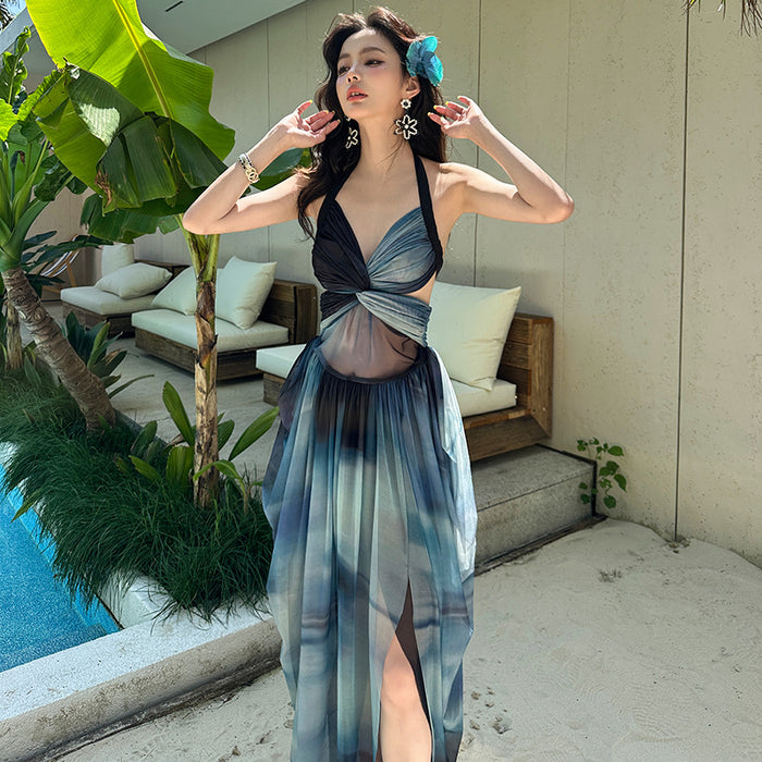 Wholesale Hanging neck tie dye printed mesh backless dress, long skirt, swimsuit