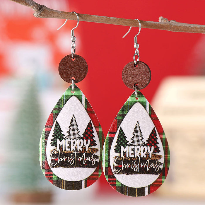 Wholesale Christmas Leopard Plaid Tree  Leather Wood  Earrings