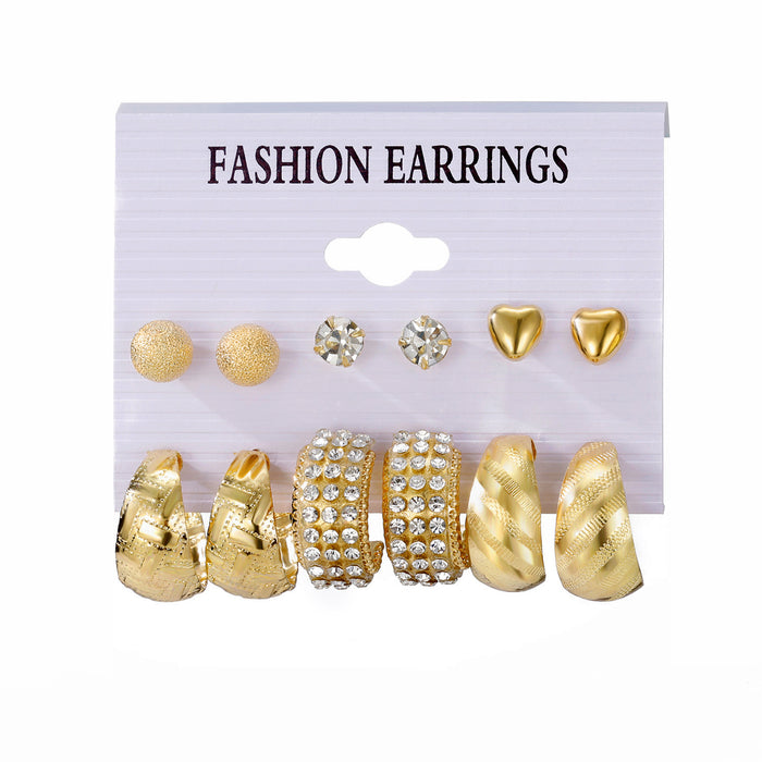 Wholesale Retro 6-piece creative heart-shaped rhinestone metal earrings