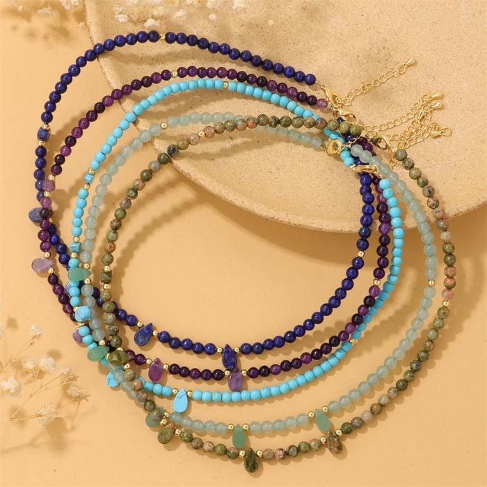 Wholesale 4mm stone round bead clavicle chain necklace with amethyst and turquoise