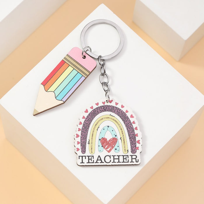 Wholesale Letter Teacher's Day Ruler Pencil Wooden Sign Keychain JDC-KC-RongRui038