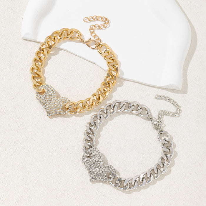 Wholesale New Fashion Alloy Diamond Inlaid Love Cuban Bracelet Light Luxury Versatile Peach Heart Handmade Bracelet