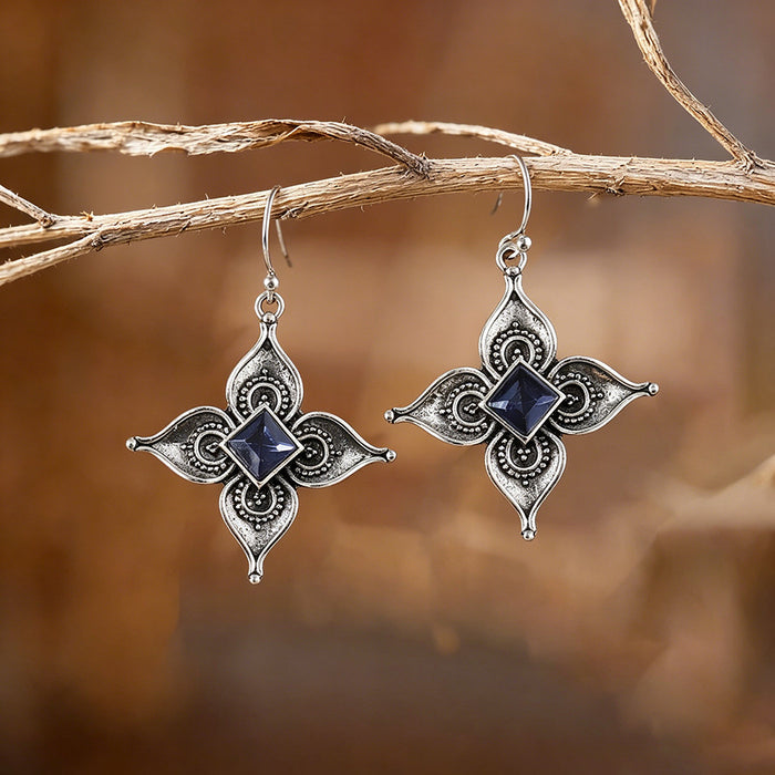 Wholesale 2pcs retro inlaid sapphire flower earrings