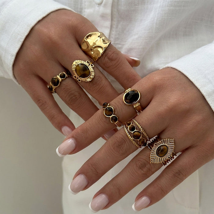 Wholesale Gold Plated Tiger Eye Stone Ring with Vintage Texture and Layered Beads