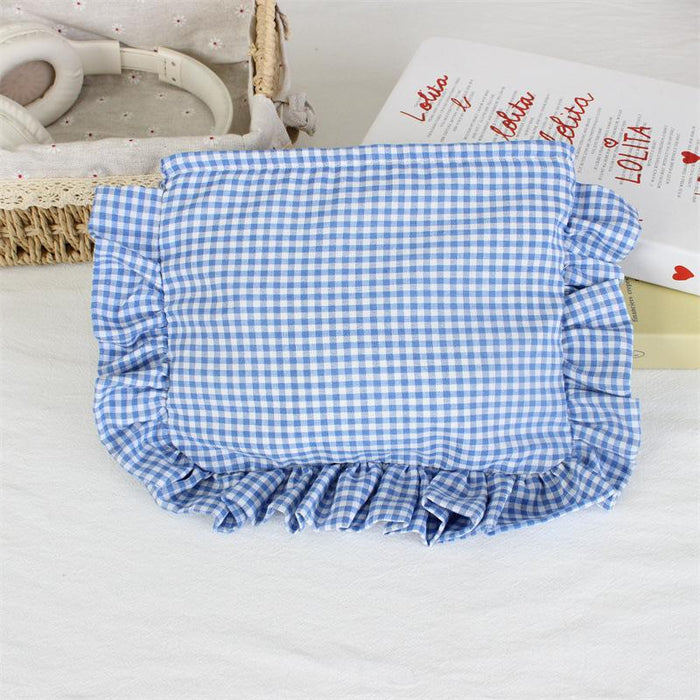 Wholesale Yellow Gingham Ruffle Trim Makeup Bag Large Capacity Portable Cosmetic Organizer For Everyday Use And Boutique Resale