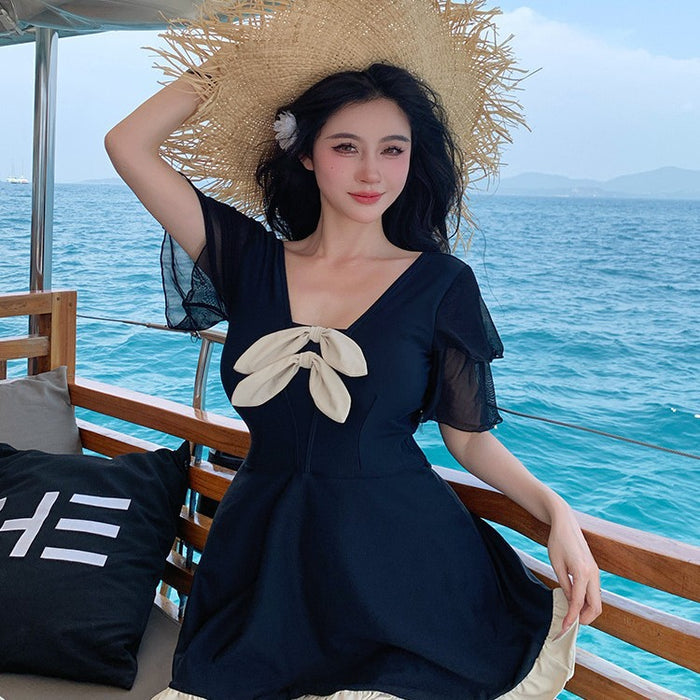 Wholesale Women's one-piece short sleeved swimsuit, bow tie, hot spring bath swimsuit