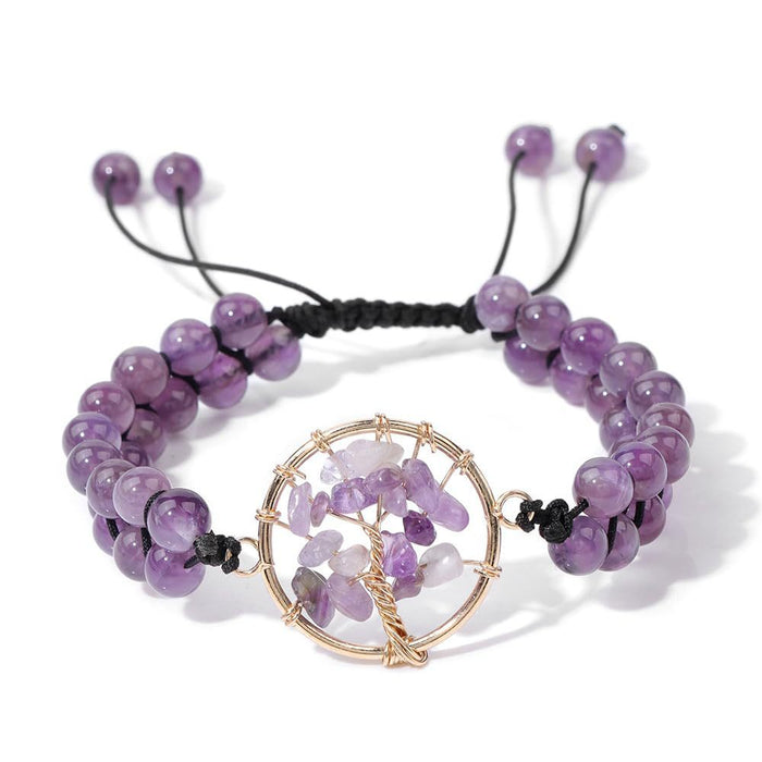 Wholesale Double row woven amethyst bracelet,  crushed stone,  tree of life,  gold winding adjustable,  green  tree of life bracelet