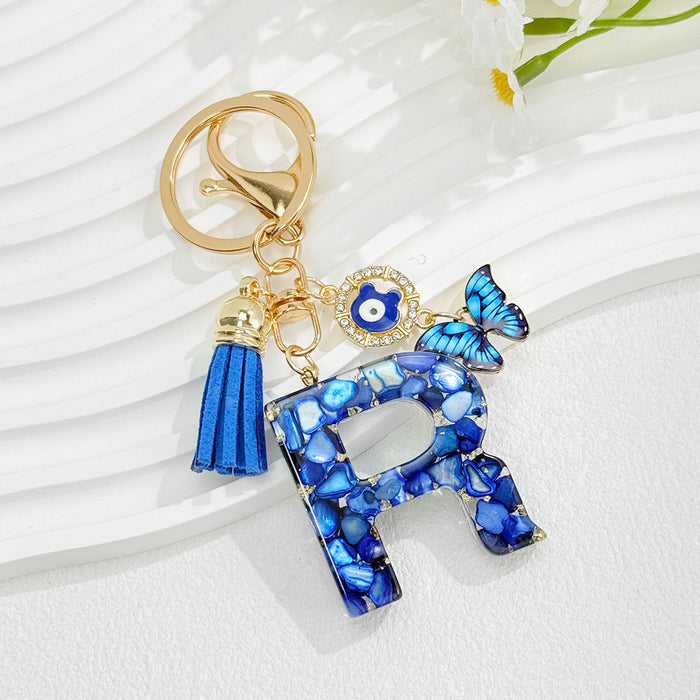 Wholesale Royal Blue 26 Letter Keychain with Evil Eye Butterfly Tassel Pendant