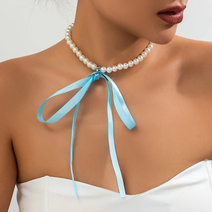 Wholesale Bowknot Clavicle Chain Necklace DIY Tie up Velvet Pearl Necklace