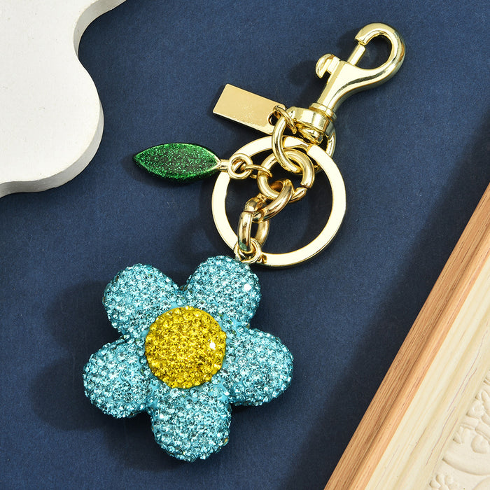 Wholesale Metal Full Diamond Sunflower Flower Bag Charm Keychain Pendant Trendy Jewelry Accessory
