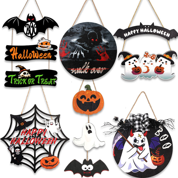 Wholesale  Wooden Listing Courtyard Home Party Decoration Wooden Plate Pendant Ghost  Web Door Plate Pendant