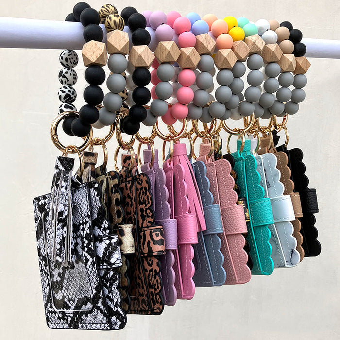 Wholesale Colorful Silicone Beads PU Tassel Coin Purse Wrist Keychain JDC-KC-Maol014