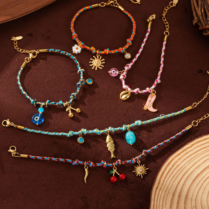 Wholesale Braided Rope Bracelet Sun Cherry Flower Fish Boots Bracelet Titanium Steel