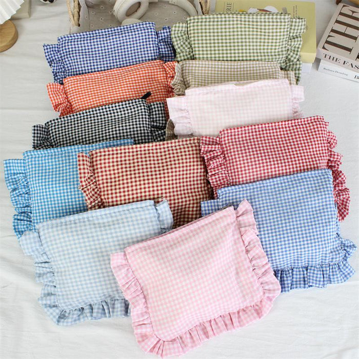 Wholesale Yellow Gingham Ruffle Trim Makeup Bag Large Capacity Portable Cosmetic Organizer For Everyday Use And Boutique Resale