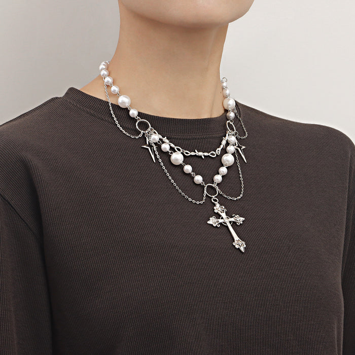 Wholesale Niche design double-layer high-gloss pearl tassel cross star cross necklace for women