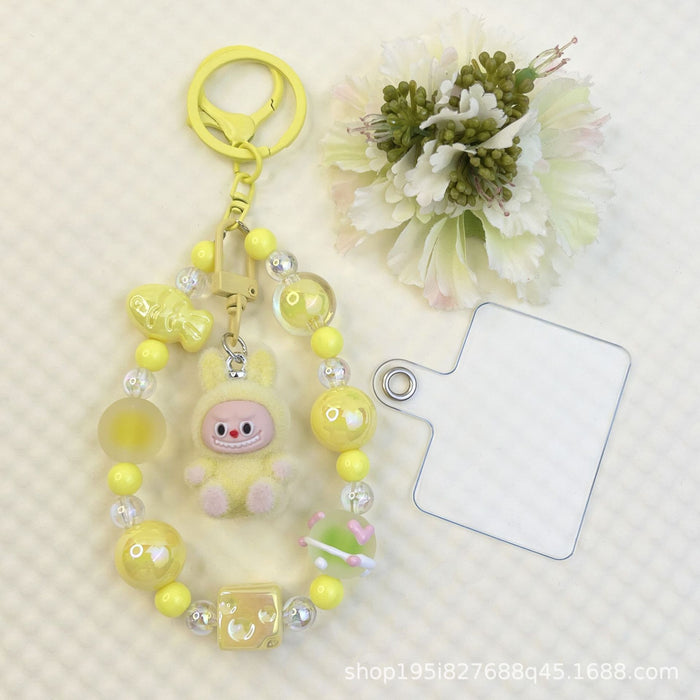 Wholesale Flocking sitting funny colorful beaded mobile phone chain keychain bag doll pendant accessories