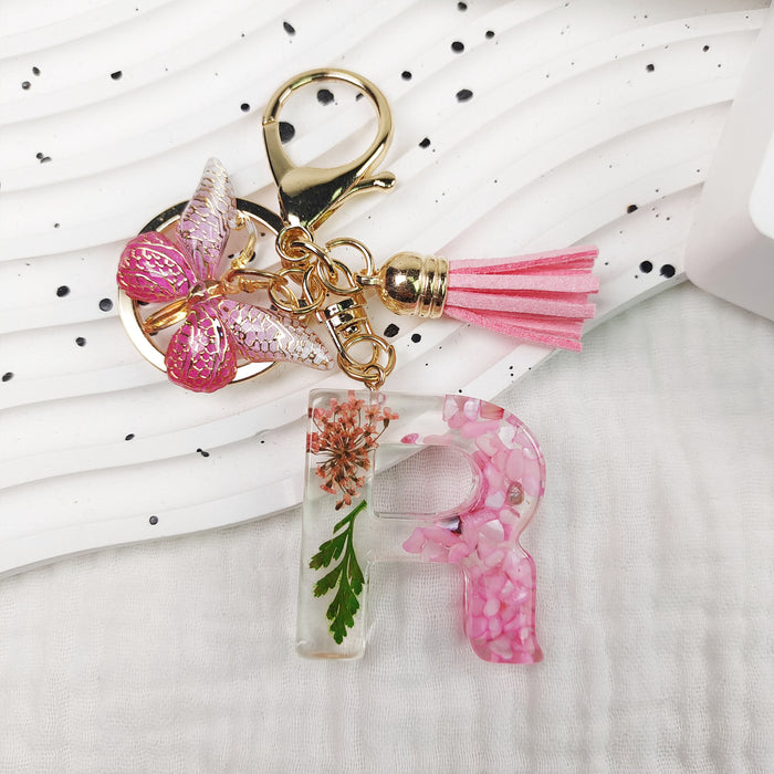 Wholesale Small Daisy Dried Flower Green Leaf Crystal Acrylic Letter Butterfly Tassel Keychain JDC-KC-JiaYi002