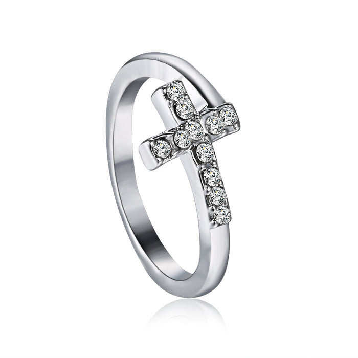 Wholesale Cross Love Heart Geometric Ring with Diamond Finish Alloy Adjustable Accessory