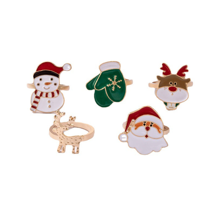 Wholesale Stylish Christmas Ring Set 5-Piece Santa Elk Snowman Design Alloy Gold Jewelry Accessory MOQ≥2