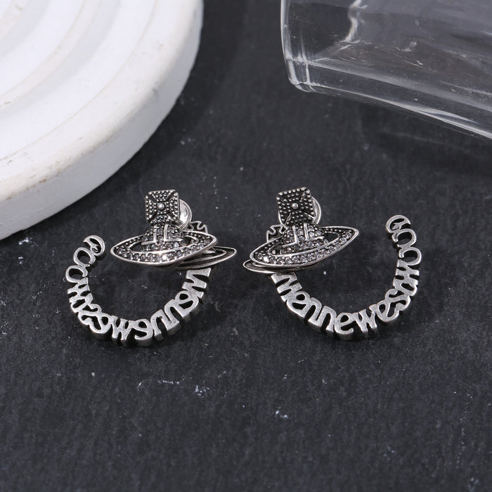 Wholesale Saturn full diamond letter earrings retro old planet earrings