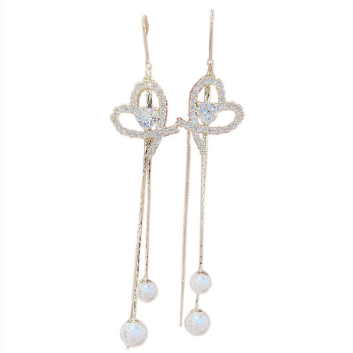 Wholesale Elegant and sparkling diamond studded heart-shaped tassel pearl ear line design, personalized and fashionable temperament, trendy ear accessories