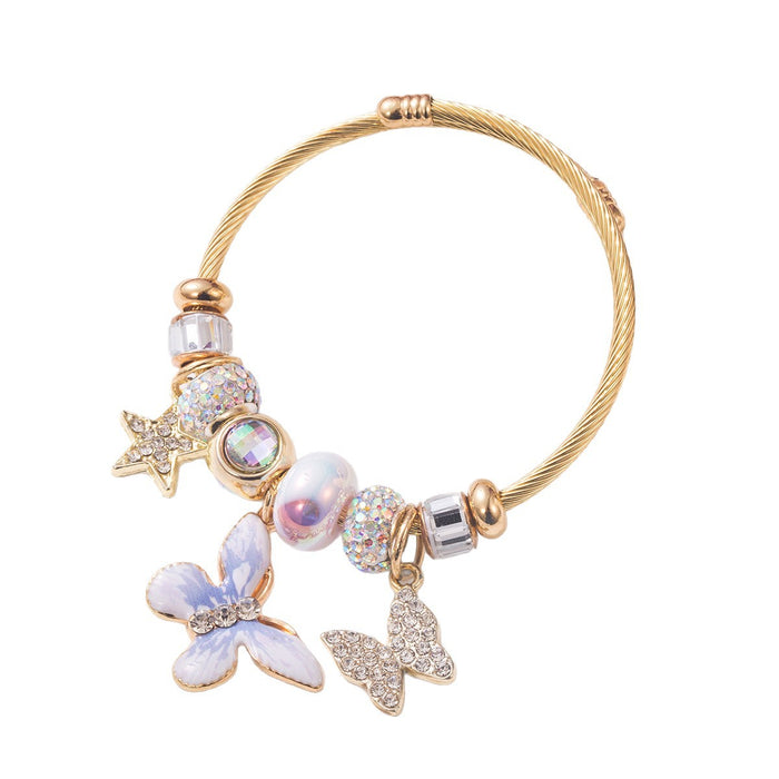 Wholesale Trendy Pink Adjustable Stainless Steel Bangle Bracelet With Rhinestone Butterfly Pendant And Star Accents Fashion Accessory For Resale