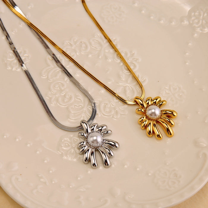 Wholesale Stainless steel solid sunflower necklace with personalized light luxury snake bone chain and petal necklace with pearls
